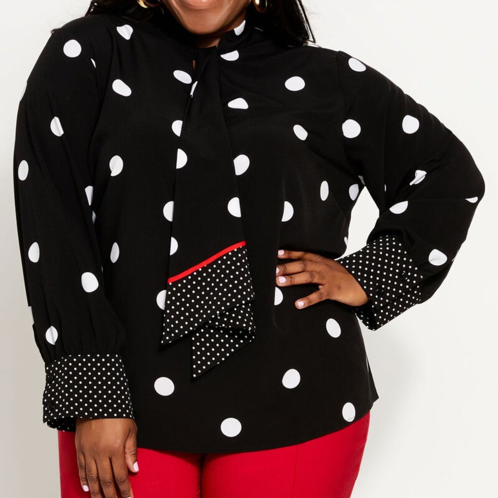 Dot Tie Mock Neck Cutout Blouse by Ashley Stewart